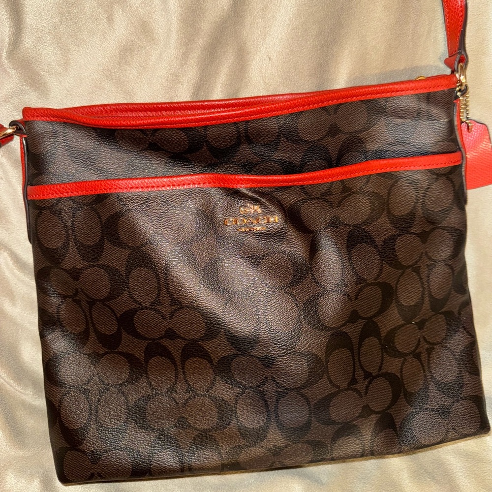 Coach Signature Brown and Red Crossbody File Bag